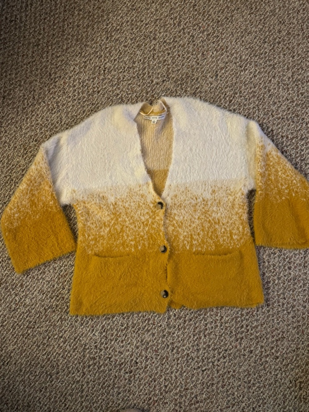 Women’s Oversized Ombre Fuzzy Cardigan Sweater in White and Mustard
